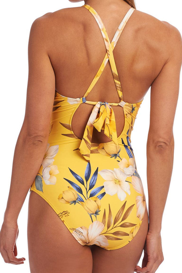 Tropical Deep V Low Back One Piece Swimsuit