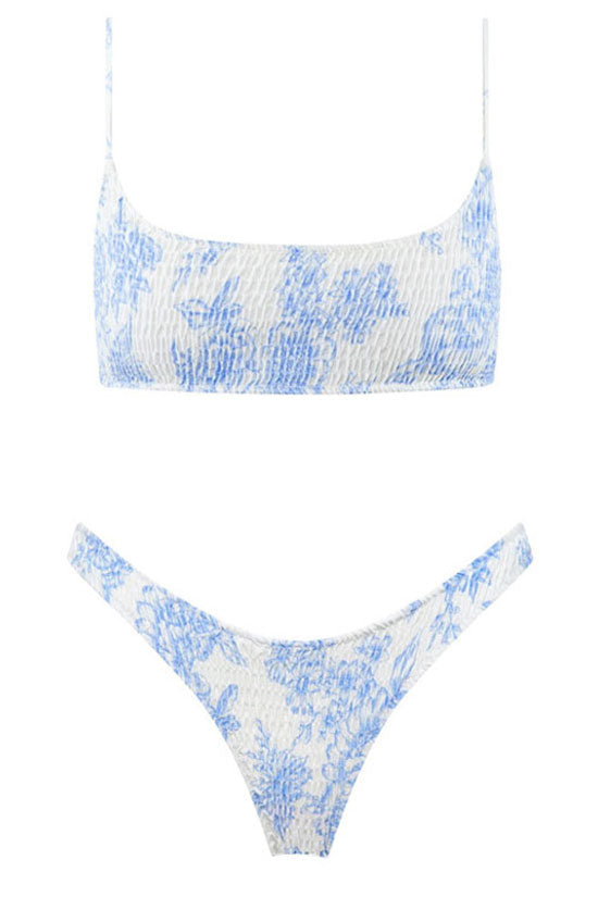 Women's White And Blue Swim Tops - Floral Bikini Tops