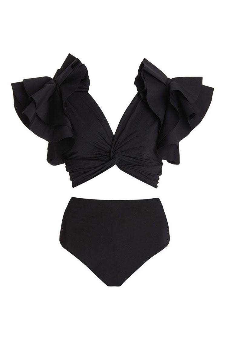 Exaggerated Ruffle High Waist V Crop Neck Bikini Two Piece